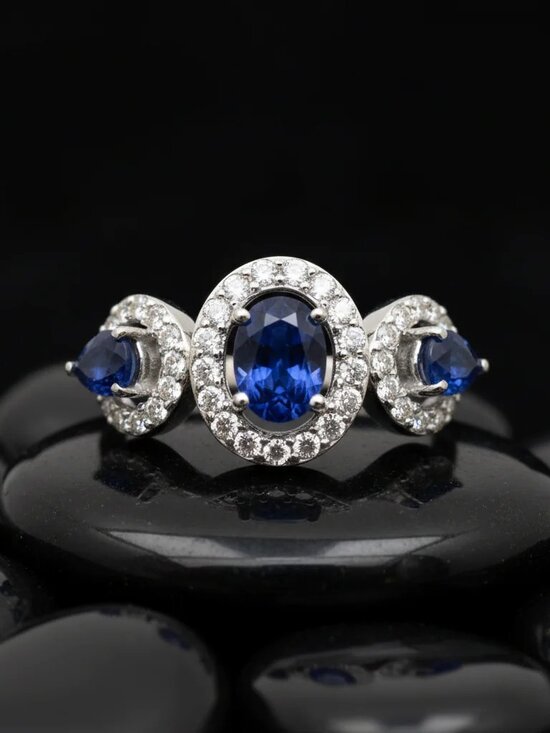 14k White Gold Custom Blue Sapphire And Diamond Halo  Triple Blue Sapphire 14K White Gold (18K Custom) Diamond Halo Ring